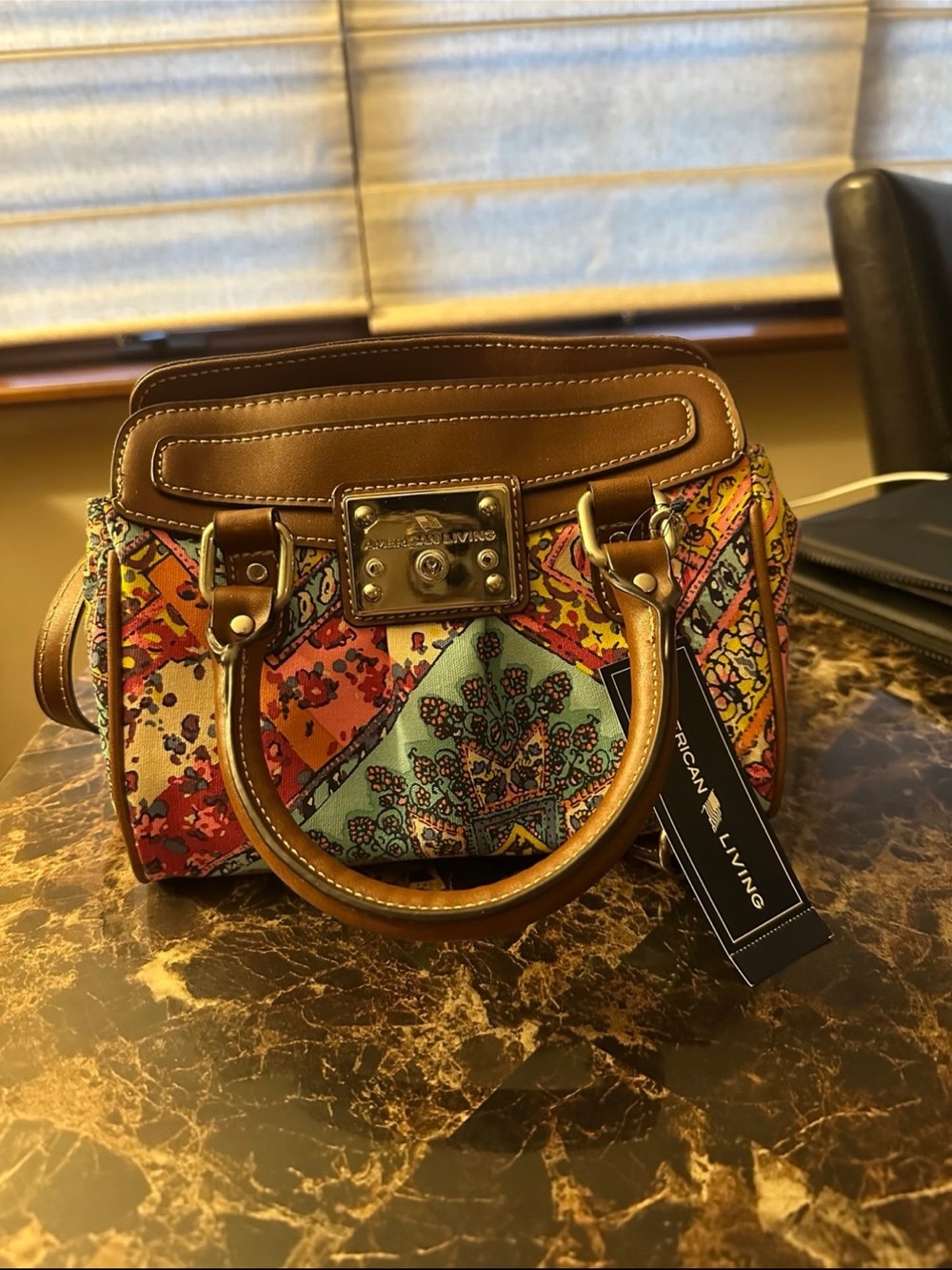 Brand new with tag American Living Brown Leather Multi-Color Printed Satchel